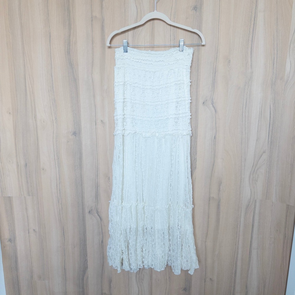 Solitaire Strapless Lace Midi Dress M White Smocked Tiered Boho Cottage Feminine